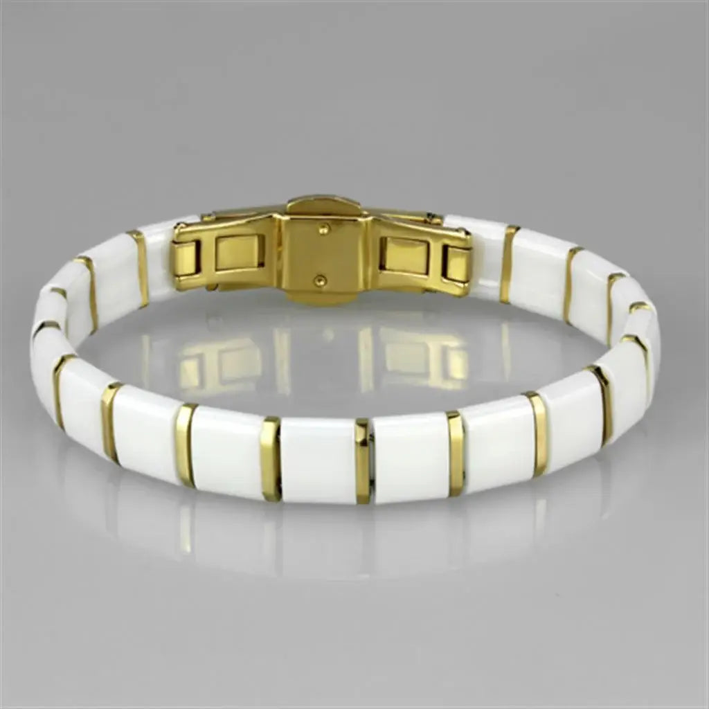 Alamode IP Gold(Ion Plating) Stainless Steel Bracelet with Ceramic in White - Alamode - Flyclothing LLC
