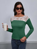 Lace Trim Long Sleeve Round Neck Tee - Trendsi - Flyclothing LLC