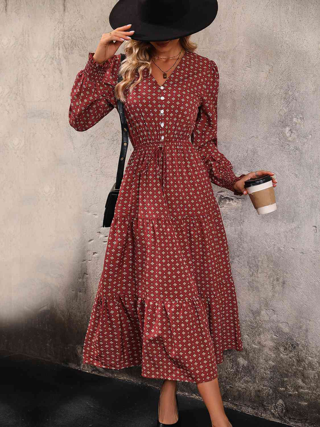 Printed Tiered V-Neck Buttoned Midi Dress - Trendsi - Flyclothing LLC