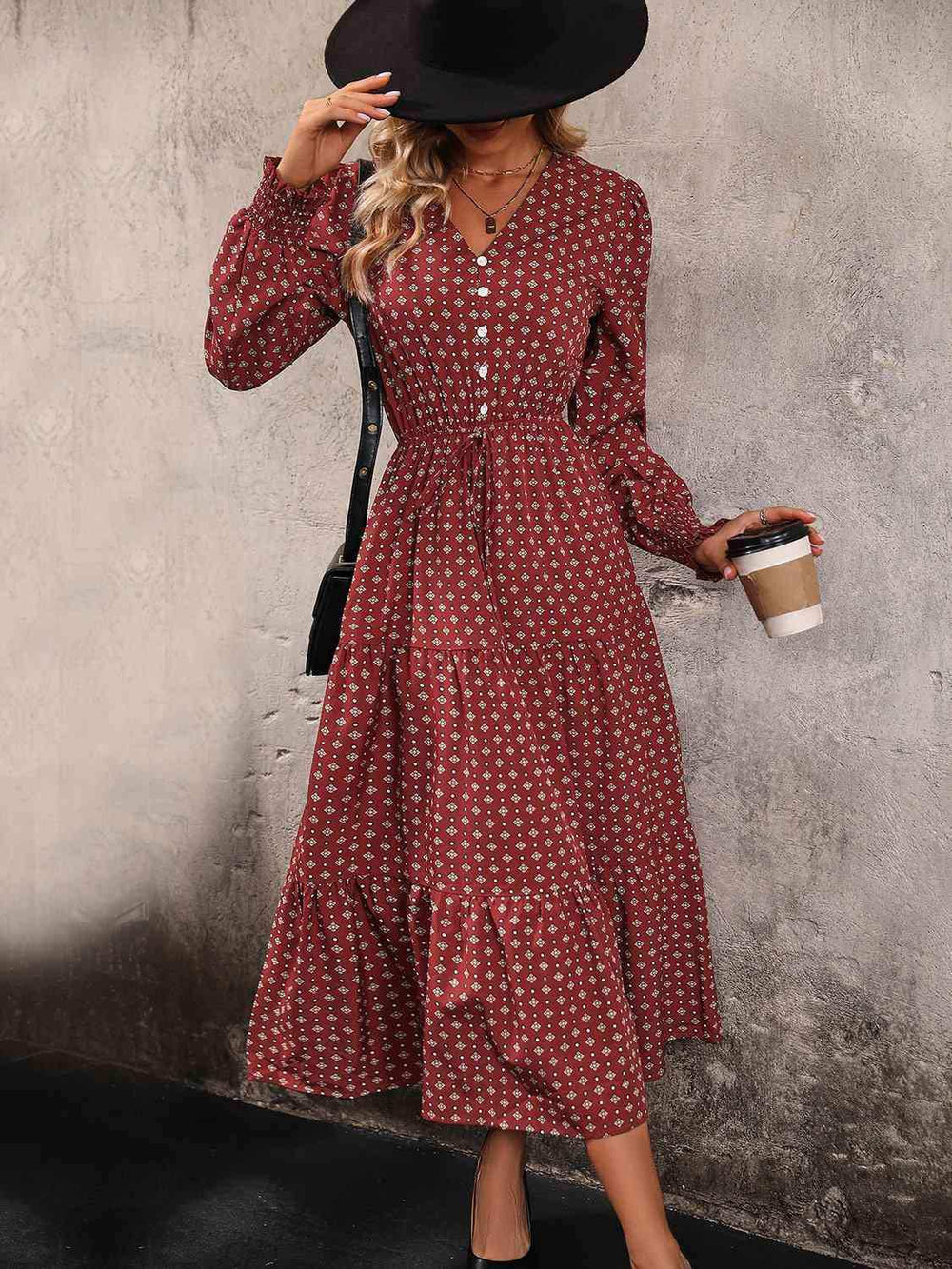 Printed Tiered V-Neck Buttoned Midi Dress - Trendsi - Flyclothing LLC