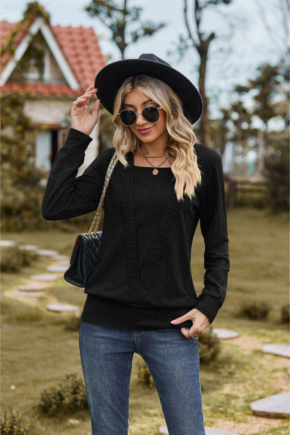 Square Neck Long Sleeve Blouse - Trendsi - Flyclothing LLC