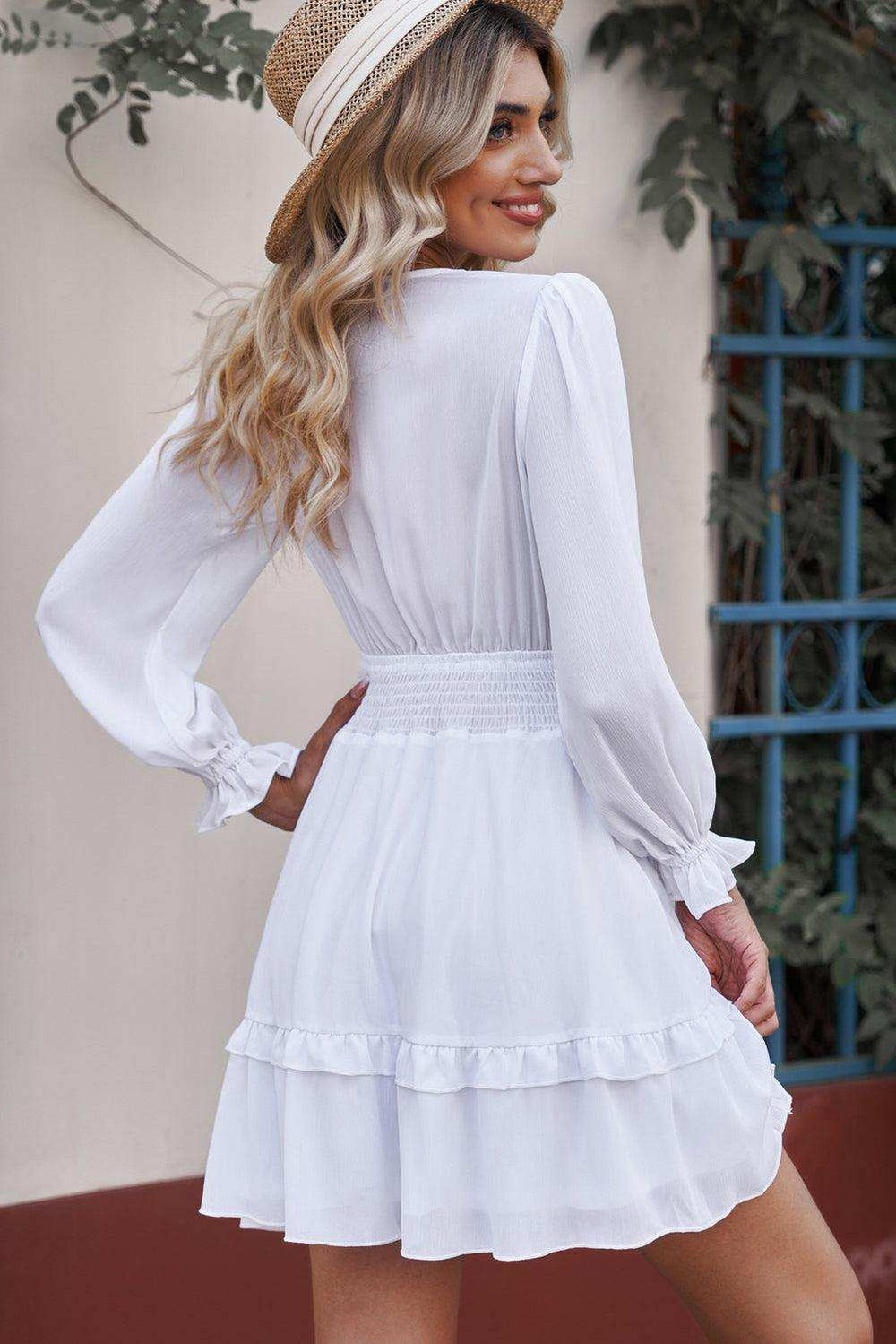 Tied Plunge Smocked Waist Flounce Sleeve Dress - Trendsi - Flyclothing LLC