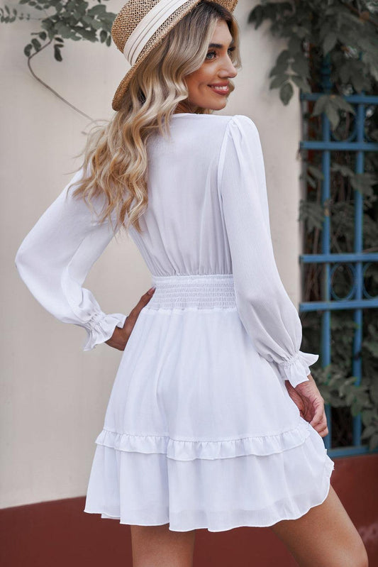 Tied Plunge Smocked Waist Flounce Sleeve Dress - Trendsi