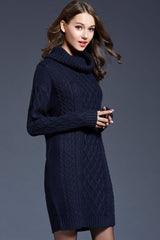 Full Size Mixed Knit Cowl Neck Dropped Shoulder Sweater Dress - Trendsi
