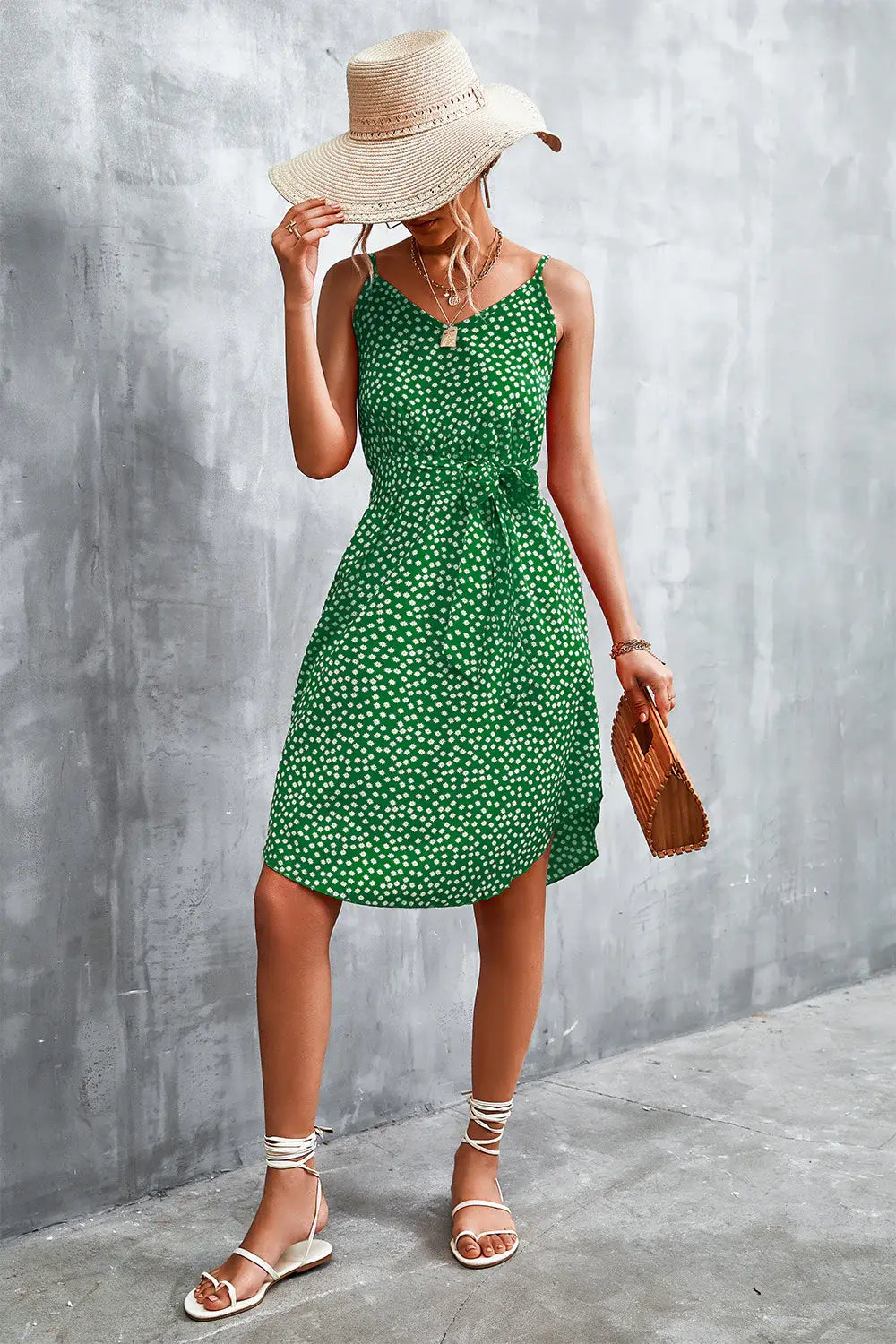 Printed V-Neck Tie Waist Mini Dress - Trendsi - Flyclothing LLC