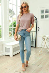 Openwork Round Neck Short Sleeve Blouse - Trendsi - Flyclothing LLC