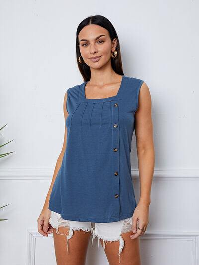 Square Neck Decorative Button Tank - Trendsi