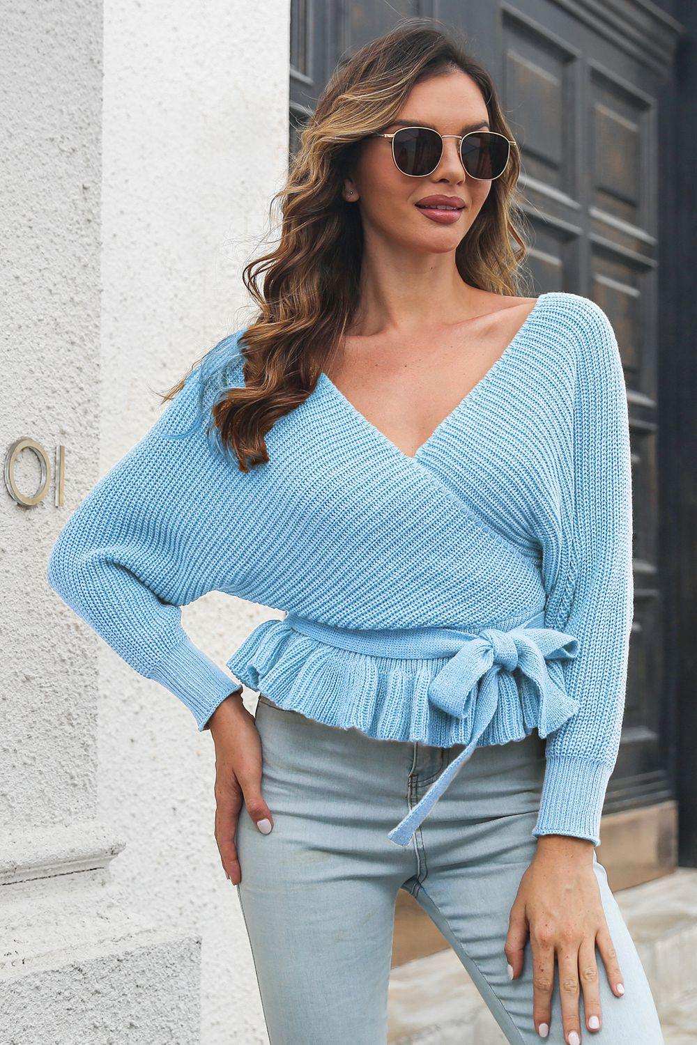 Tie Waist Ruffle Hem Sweater - Trendsi - Flyclothing LLC