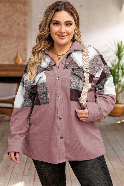 Plus Size Plaid Snap Down Jacket with Pockets - Trendsi - Flyclothing LLC