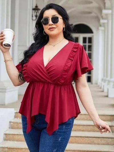 Plus Size Frill Surplice Flutter Sleeve Blouse - Trendsi - Flyclothing LLC