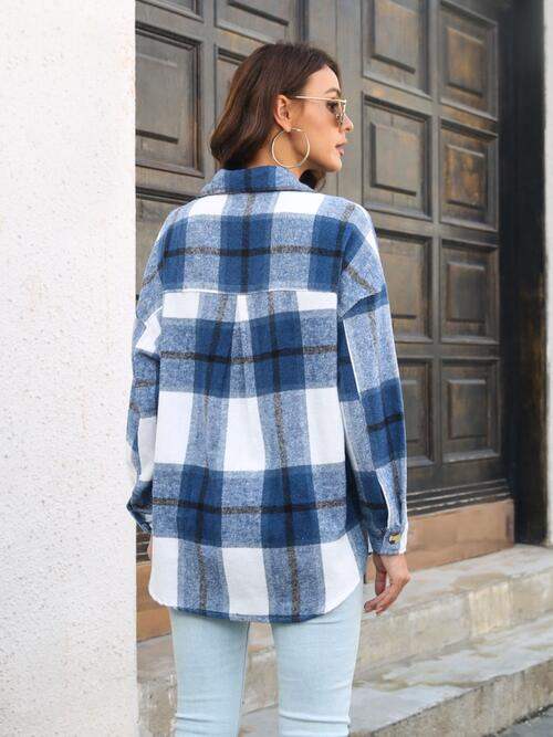 Plaid Button Up Collared Neck Long Sleeve Shirt - Trendsi - Flyclothing LLC