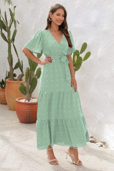 Swiss Dot Tied Surplice Short Sleeve Dress - Trendsi - Flyclothing LLC