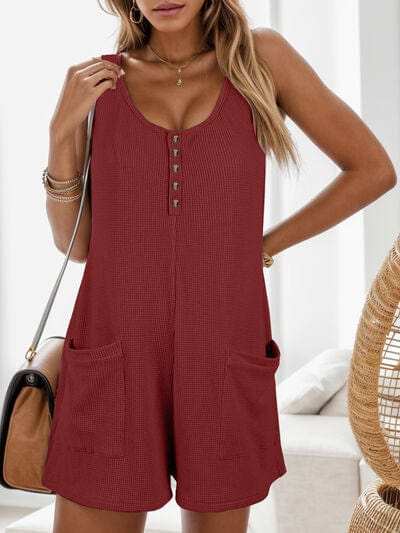 Waffle-Knit Scoop Neck Wide Strap Romper - Trendsi - Flyclothing LLC