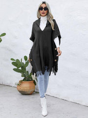 Fringe Trim Buttoned Hooded Poncho - Trendsi