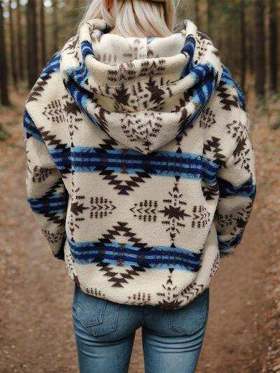 Geometric Half Zip Drawstring Long Sleeve Hoodie - Trendsi - Flyclothing LLC