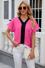 Contrast Johnny Collar Short Sleeve Blouse - Trendsi - Flyclothing LLC