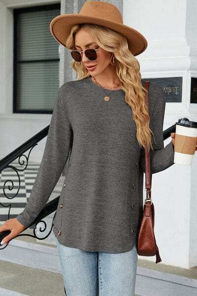 Decorative Button Round Neck T-Shirt - Trendsi - Flyclothing LLC
