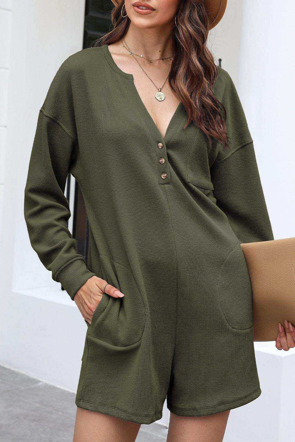 Notched Neck Long Sleeve Romper - Trendsi - Flyclothing LLC