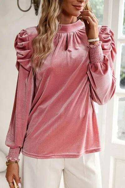 Tie Up Mock Neck Velvet Fabric Long Sleeve Blouse - Trendsi - Flyclothing LLC