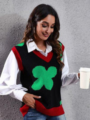 Four Leaf Clover V-Neck Sweater Vest - Trendsi