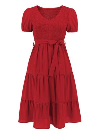 Smocked Tie Front Short Sleeve Tiered Dress - Flyclothing LLC
