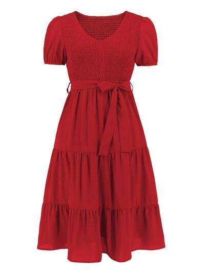 Smocked Tie Front Short Sleeve Tiered Dress - Trendsi - Flyclothing LLC