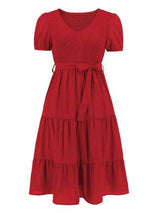 Smocked Tie Front Short Sleeve Tiered Dress - Trendsi - Flyclothing LLC