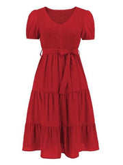 Smocked Tie Front Short Sleeve Tiered Dress - Flyclothing LLC