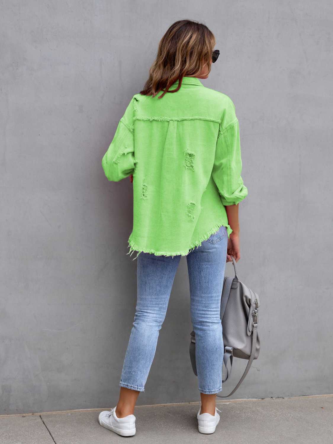 Distressed Drop Shoulder Denim Jacket - Trendsi - Flyclothing LLC