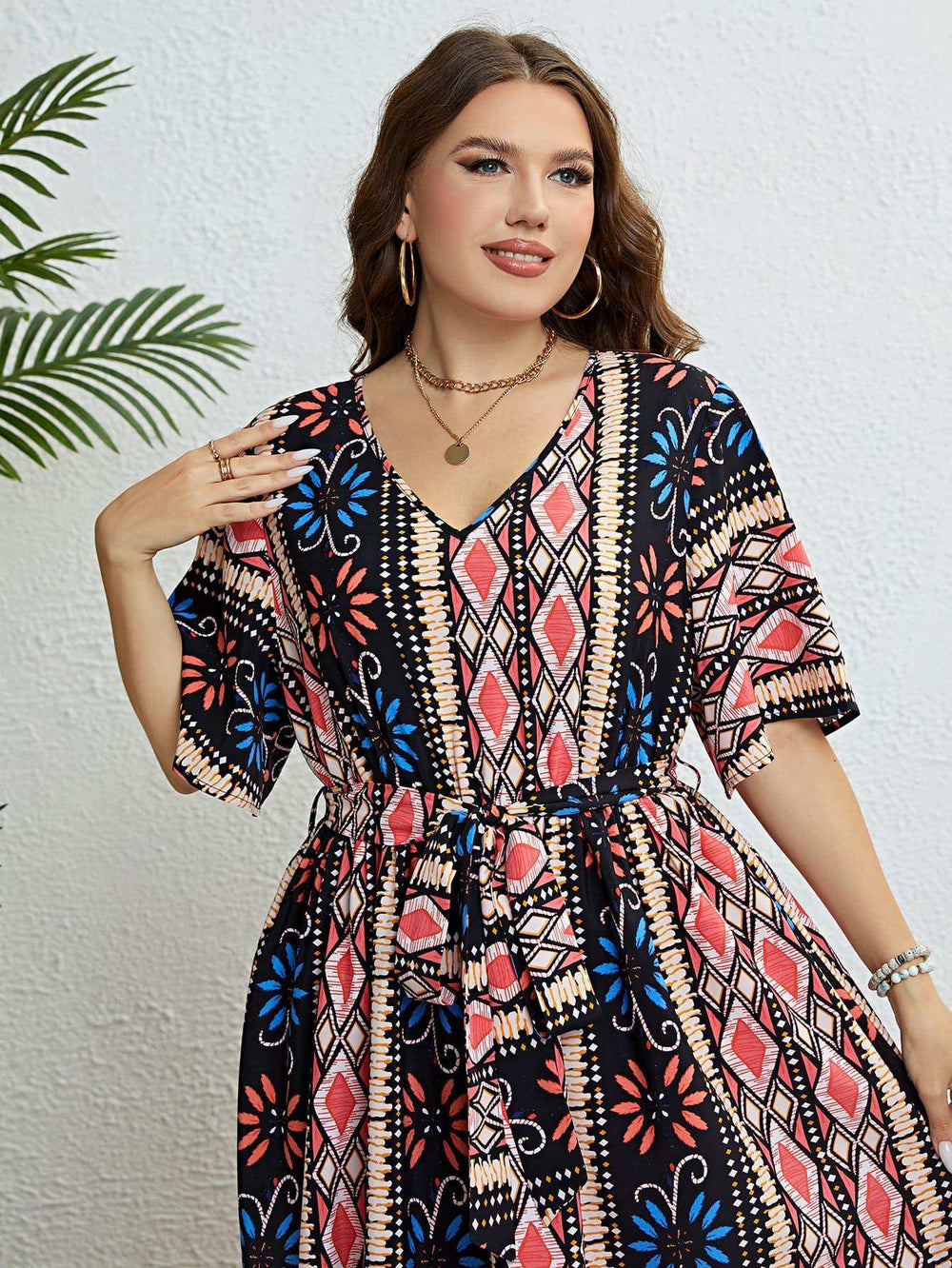 Plus Size Bohemian V-Neck Tie Belt Midi Dress - Trendsi - Flyclothing LLC
