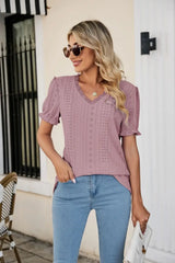 Eyelet Flounce Sleeve Scalloped V-Neck Top - Trendsi - Flyclothing LLC
