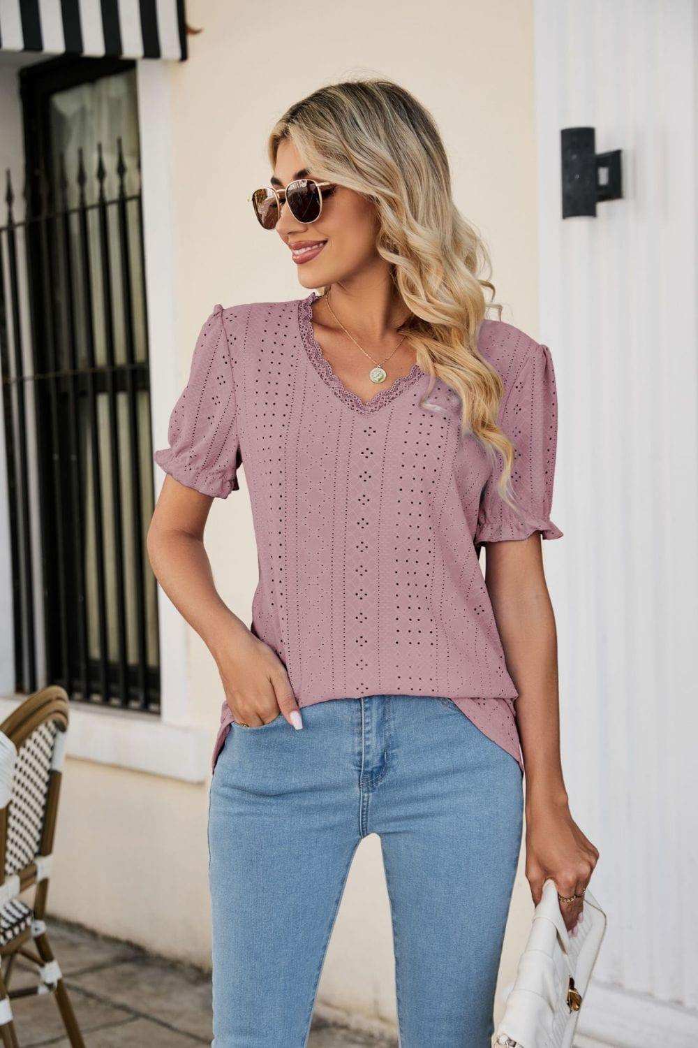 Eyelet Flounce Sleeve Scalloped V-Neck Top - Trendsi - Flyclothing LLC