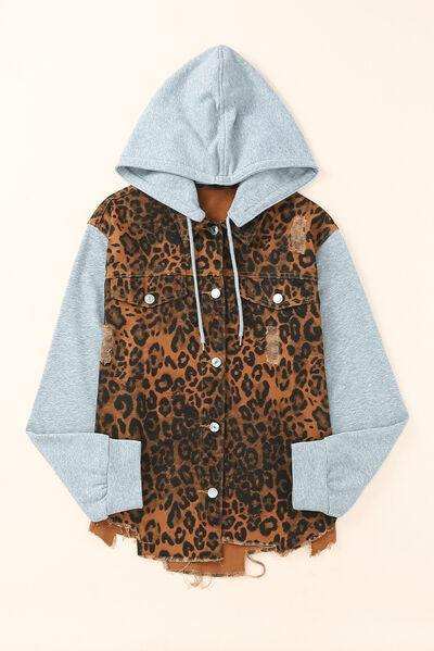 Leopard Distressed Drawstring Hooded Denim Jacket - Trendsi - Flyclothing LLC