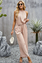 Grecian Neck Sleeveless Pocketed Top and Pants Set - Trendsi
