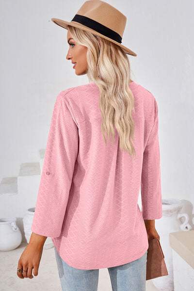 Notched Roll-Tab Sleeve T-Shirt - Trendsi - Flyclothing LLC