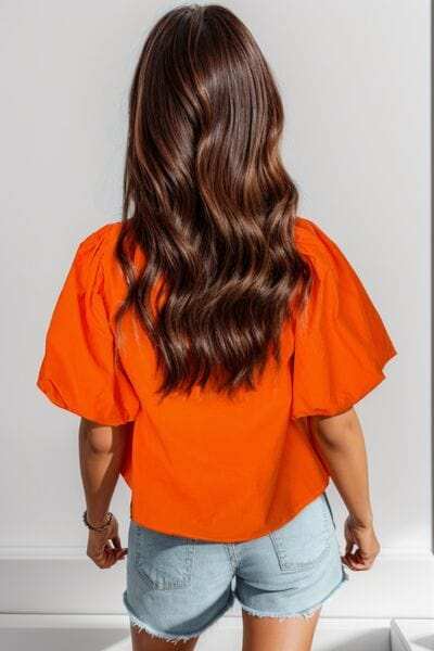 Openwork Round Neck Balloon Sleeve Blouse - Trendsi - Flyclothing LLC