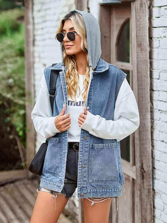 Button Up Sleeveless Denim Jacket with Pockets - Trendsi - Flyclothing LLC