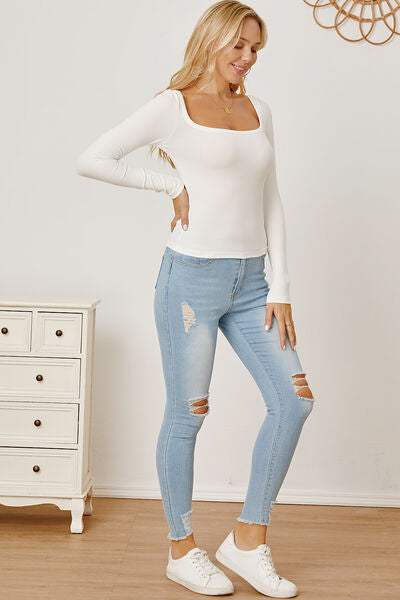 Square Neck Long Sleeve T-Shirt - Trendsi - Flyclothing LLC