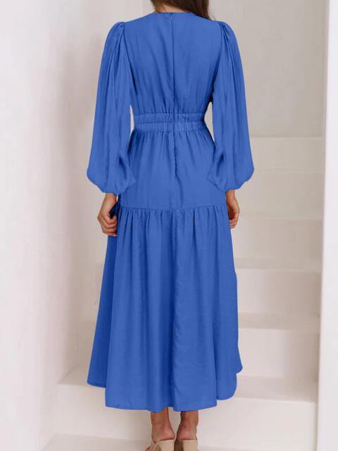 Deep V-Neck Balloon Sleeve Plain Maxi Dress - Trendsi