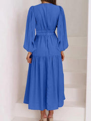 Deep V-Neck Balloon Sleeve Plain Maxi Dress - Trendsi
