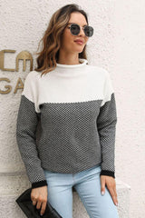 Two-Tone Mock Neck Dropped Shoulder Pullover Sweater - Flyclothing LLC