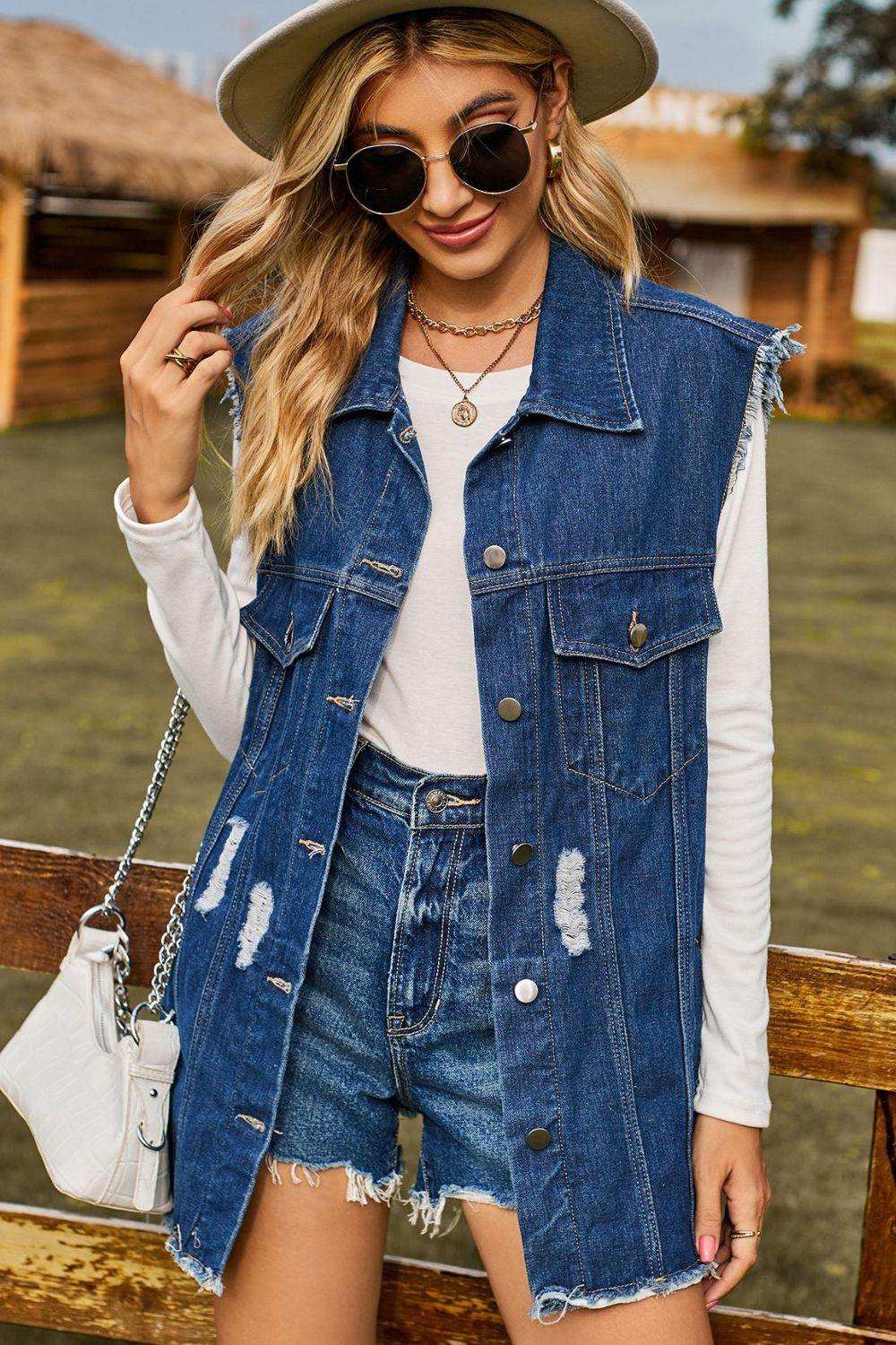 Sleeveless Button-Up Collared Denim Top with Pockets - Trendsi - Flyclothing LLC