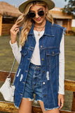Sleeveless Button-Up Collared Denim Top with Pockets - Trendsi