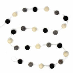 Hand Crafted Felt from Nepal: Pom Pom Garlands, White/Black/Gray - Global Groove Direct
