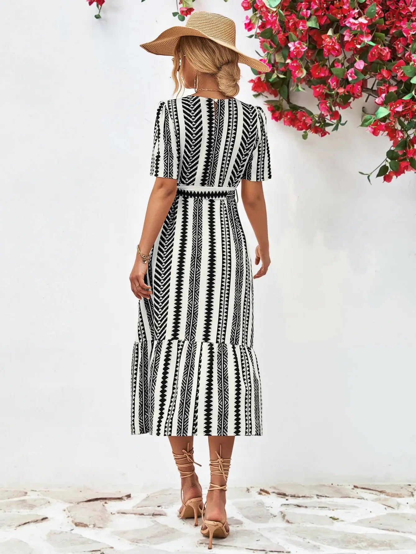 Striped Tie Belt Round Neck Puff Sleeve Dress - Trendsi - Flyclothing LLC
