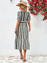 Striped Tie Belt Round Neck Puff Sleeve Dress - Trendsi - Flyclothing LLC