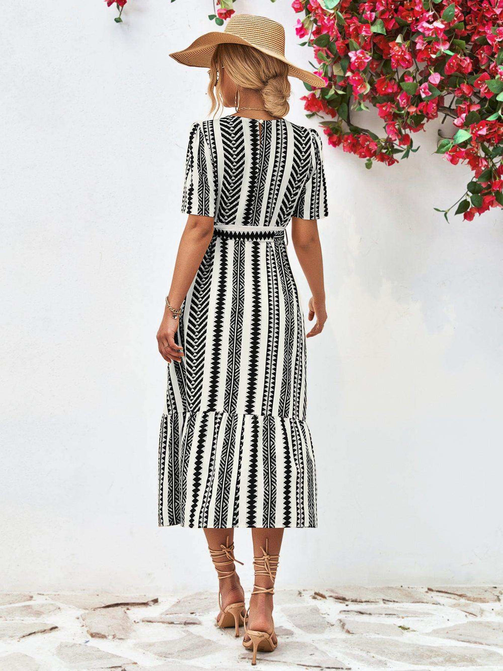 Striped Tie Belt Round Neck Puff Sleeve Dress - Trendsi - Flyclothing LLC