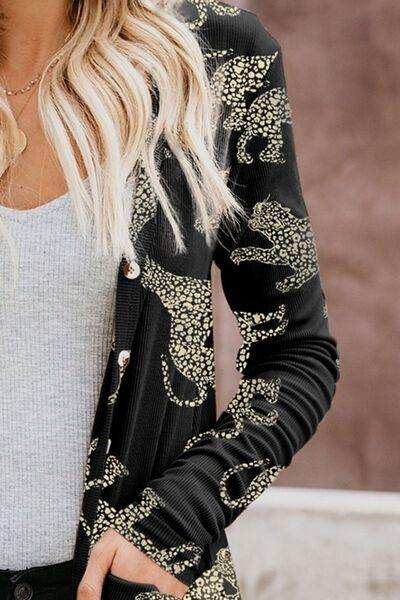 Animal Pattern Ribbed Button Up Long Sleeve Cardigan - Trendsi - Flyclothing LLC