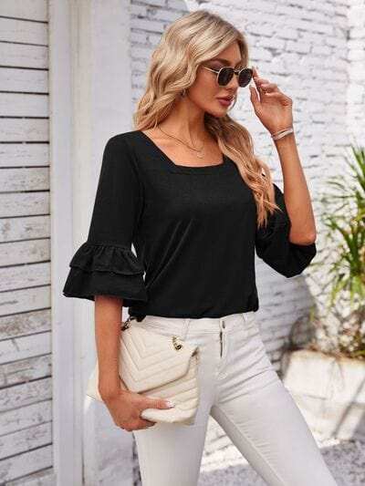 Ruffled Suqare Neck Half Sleeve Blouse - Trendsi - Flyclothing LLC