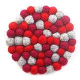 Hand Crafted Felt Ball Trivets from Nepal: Round Chakra, Reds - Global Groove (T) - Global Groove